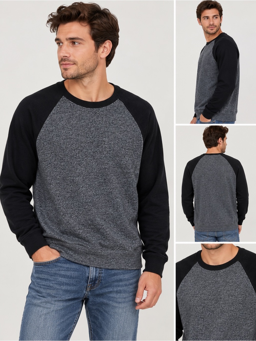 Banana Republic Men’s Merino Wool Blend Raglan Sweater Black Gray XL